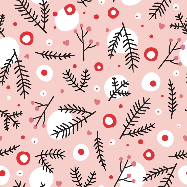 Vector patrón sin costuras con elementos temáticos navideños y ramas de abeto en un fondo rosa suave para la creatividad