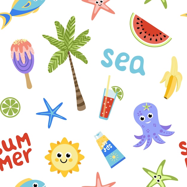 Patrón sin costuras con elementos de vacaciones en el mar Vector de dibujos animados plano de verano