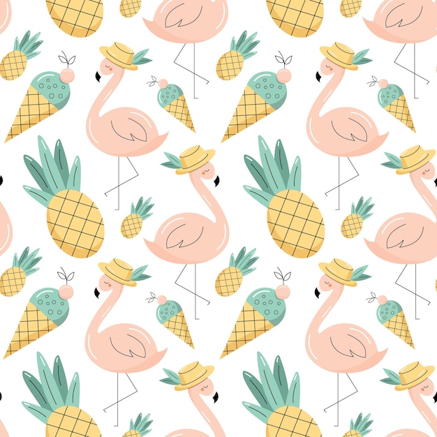 Patrón sin costuras con elementos de verano Flamingo helado de piña Ilustración vectorial plana