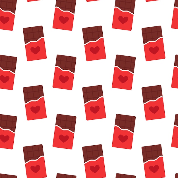 Patrón sin costuras Envasado rojo barras de chocolate enteras con corazón Día de San Valentín dulce Vector plano