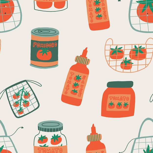 Patrón sin costuras en el envase del producto de tomate