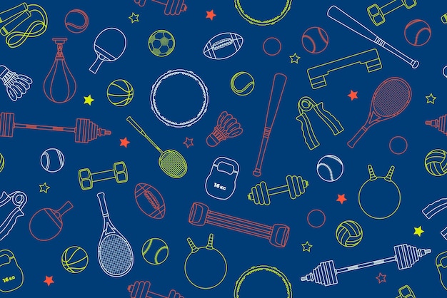 Patrón sin costuras con equipos deportivos y de juegos Ilustración vectorial de herramientas y elementos de estilo de vida saludable