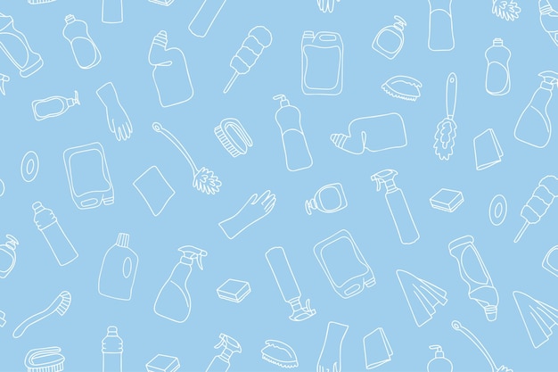 Patrón sin costuras de equipos de limpieza Íconos de la línea de limpia Línea de equipos dibujados a mano productos de limpia y herramientas para lavar y desinfectar la casa cubo y raspador de detergente de fregón Vector