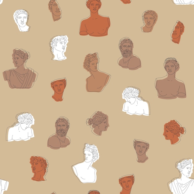 Patrón sin costuras con esculturas y personajes griegos antiguos ilustración de estatuas de mármol antiguas de grecia para papel de envoltura de fondo de papel tapiz textil de tela
