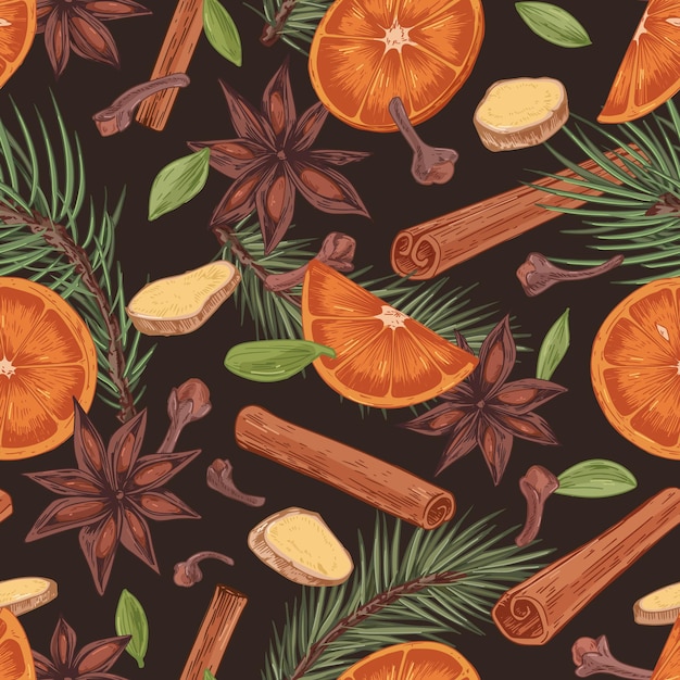 Vector patrón sin costuras con especias navideñas de invierno sobre fondo negro diseño de envoltura sin fin con ramas de pino canela palos de cardamomo semillas de naranja y jengibre rebanadas ilustración vectorial dibujada a mano