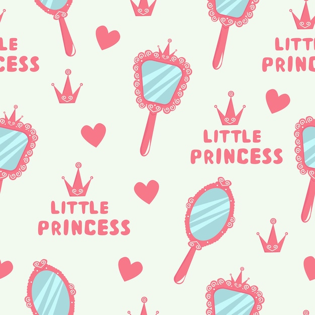 Patrón sin costuras con espejo de mano de la princesa Accesorio vintage rosa para una niña