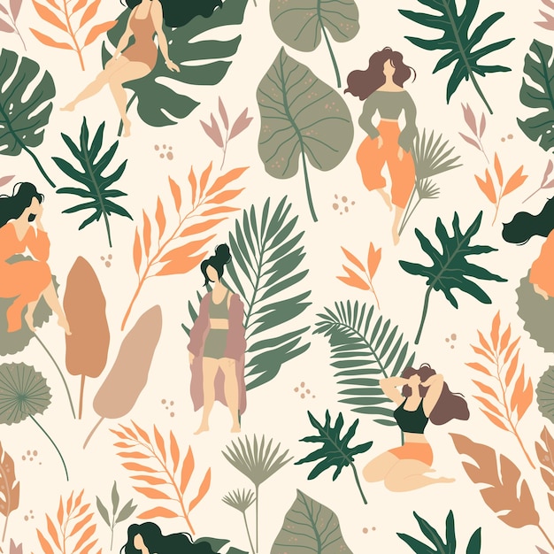 Patrón sin costuras con espíritu tropical y hermosas mujeres Hojas de la selva y palmeras Ilustración vectorial Ideal para papel tapiz o papel de regalo
