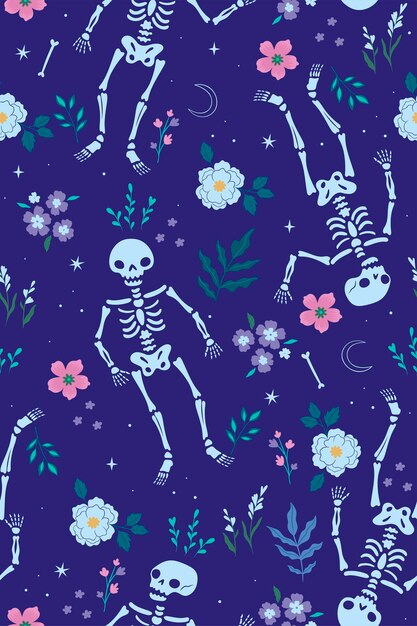 Patrón sin costuras con esqueletos y flores Gráficos vectoriales