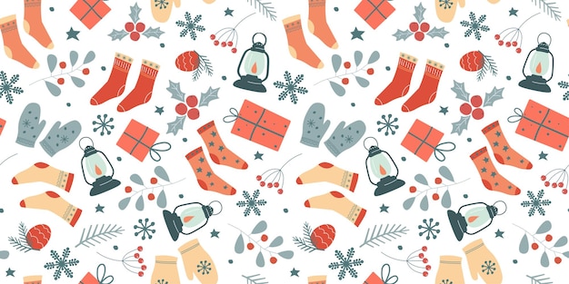 Patrón sin costuras con estampado acogedor de invierno regalos mitones calcetines contra un fondo de copos de nieve