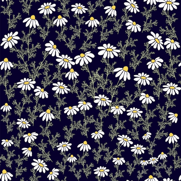 Patrón sin costuras Estampado floral creativo con flores de manzanilla hojas en estilo dibujado a mano sobre un fondo azul turquesa Plantilla de primavera verano para diseño