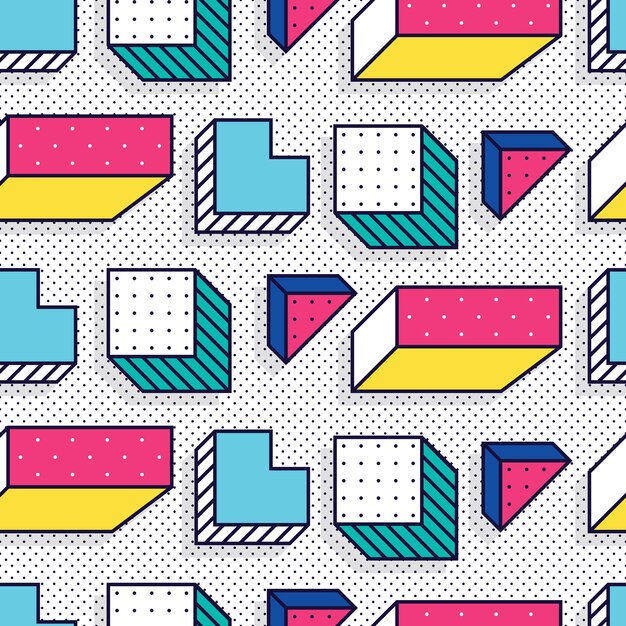Patrón sin costuras en estilo 90 80 con formas de elementos geométricos simples