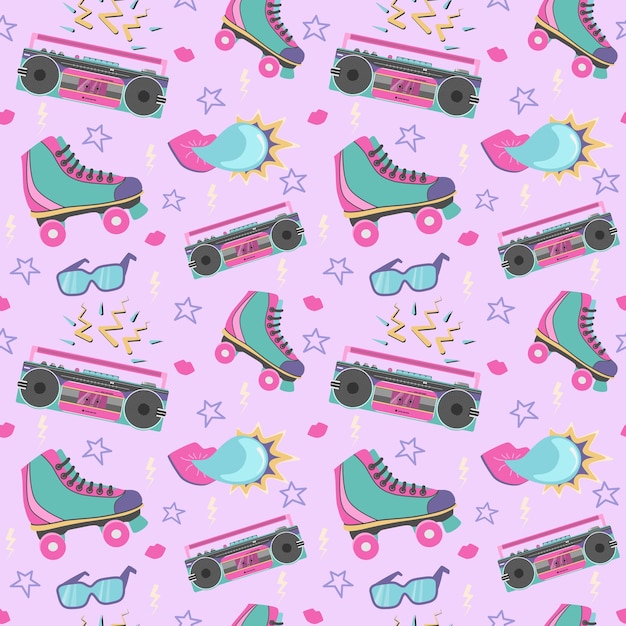Patrón sin costuras en estilo 90 Grabadora de cinta patines de rodillos gafas y chicle en diseño plano