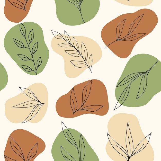 Patrón sin costuras de estilo boho con elementos botánicos en formas abstractas de color beige marrón y verde