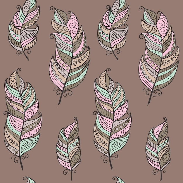 Patrón sin costuras de estilo boho con plumas de pájaros étnicos Vector concepto gitano tribal dibujado a mano