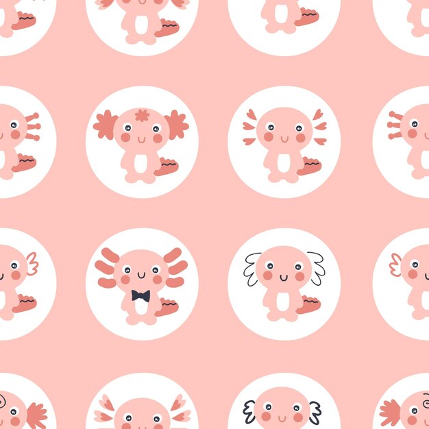 Patrón sin costuras de estilo de dibujos animados con ajolotes en formas redondas Perfecto para textiles y estampados de camisetas Ilustración vectorial dibujada a mano para decoración y diseño