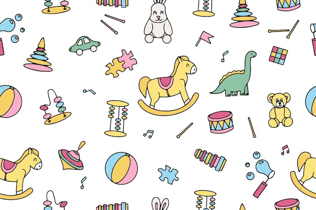 Patrón sin costuras en estilo doodle de los juguetes children39s Juguetes brillantes en estilo dudle Ilustración vectorial Vector