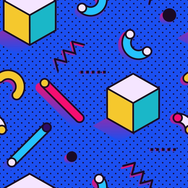 Patrón sin costuras en estilo Memphis con coloridos elementos geométricos