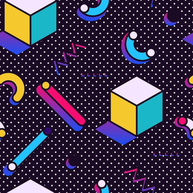 Patrón sin costuras en estilo Memphis con coloridos elementos geométricos