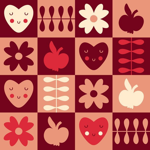 Patrón sin costuras de estilo suizo con siluetas de corazones y manzanas Impresión a cuadros para tee tela de papel textil Ilustración vectorial de estilo retro para decoración y diseño