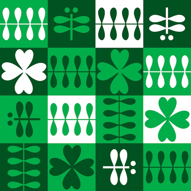 Patrón sin costuras de estilo suizo con tréboles de cuatro hojas y libélulas Impresión del día de San Patricio para papel de cartón tela textil Ilustración vectorial dibujada a mano