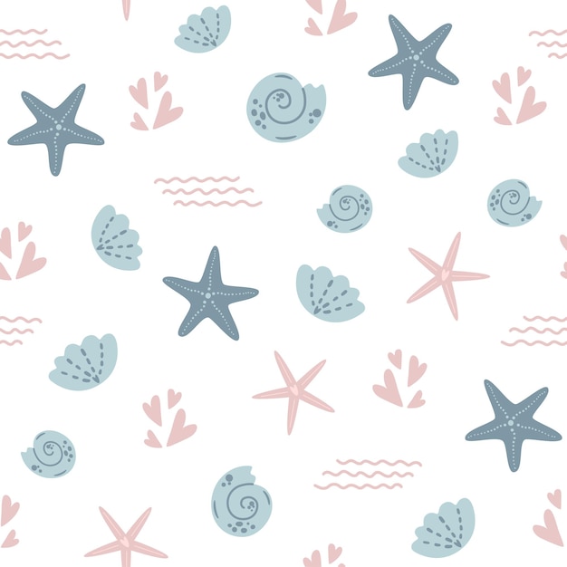 Patrón sin costuras de estrella de mar patrón de estrella de mar de verano conchas marinas lindas fondo claro diseño textil de bebé náutico vector