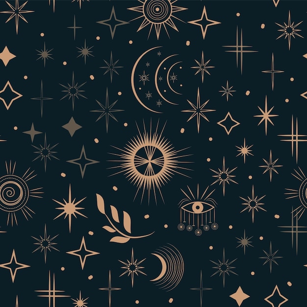 Vector patrón sin costuras de estrellas y astrología boho símbolos místicos y bohemios de la luna, el sol y las estrellas