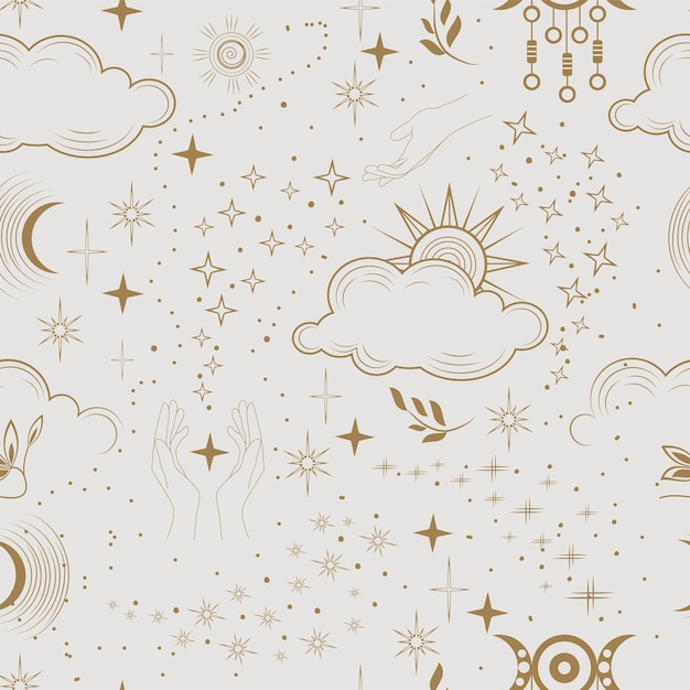 Patrón sin costuras de estrellas y astrología Boho Símbolos místicos y bohemios de la luna, el sol y las estrellas