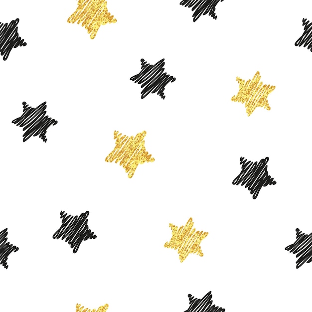 Patrón sin costuras con estrellas brillantes negras y doradas Fondo vectorial con elementos brillantes