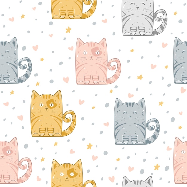 Patrón sin costuras con estrellas de gatito y corazones aislados sobre fondo blanco se puede utilizar la ilustración