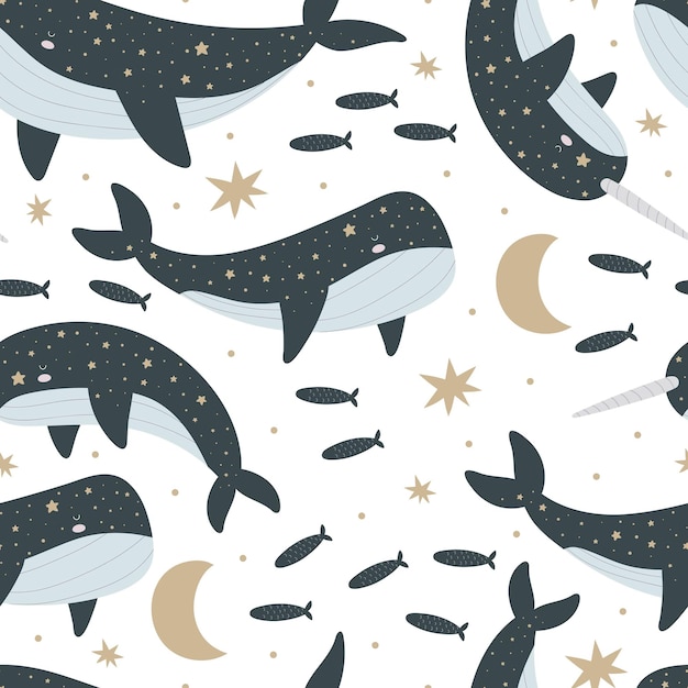 Patrón sin costuras con estrellas de narval de ballena de dibujos animados