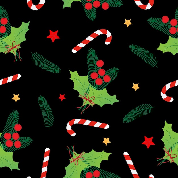Patrón sin costuras con estrellas de Navidad rojas caña de caramelo estrella de Navidad acebo sobre fondo negro
