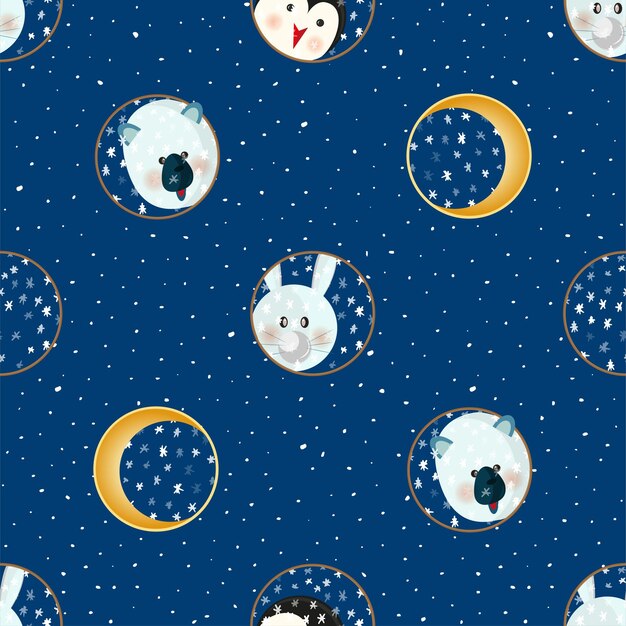 Patrón sin costuras con etiquetas planas de dibujos animados de animales imprimir Tema de año nuevo de invierno gran diseño para calendario 2019 Icono de etiqueta de Navidad feliz cumpleaños fiesta divertida tarjeta navidad banner de vacaciones