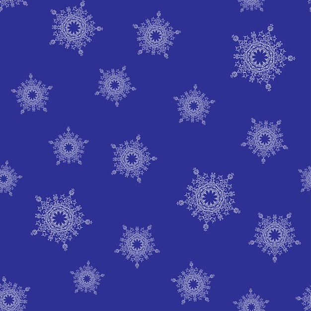 Patrón sin costuras étnico con mandalas dibujadas a mano Flocos de nieve en fondo azul Ilustración vectorial