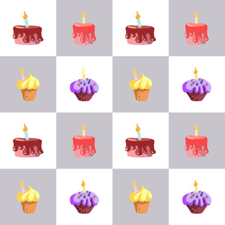 Vector patrón sin costuras de con felices cumpleaños pasteles tartas pasteles muffins vector dibujado a mano