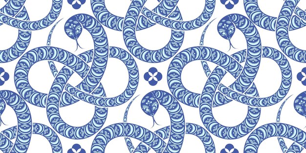 Patrón sin costuras feliz año nuevo chino 2025 el signo del zodiaco de la serpiente corte estilo en fondo de color