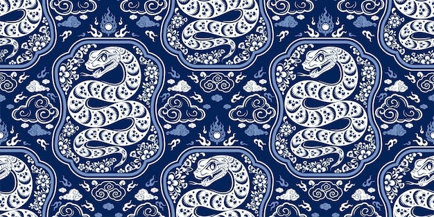 Patrón sin costuras feliz año nuevo chino 2025 el signo del zodiaco serpiente con elementos asiáticos estilo de corte de papel en fondo de color Traducción feliz año nuevo 2024 año de la serpiente xA