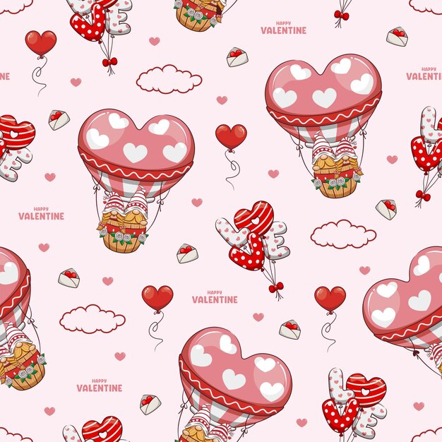 Patrón sin costuras Feliz San Valentín con gnomos de pareja y globos de corazón Ilustración de dibujos animados linda