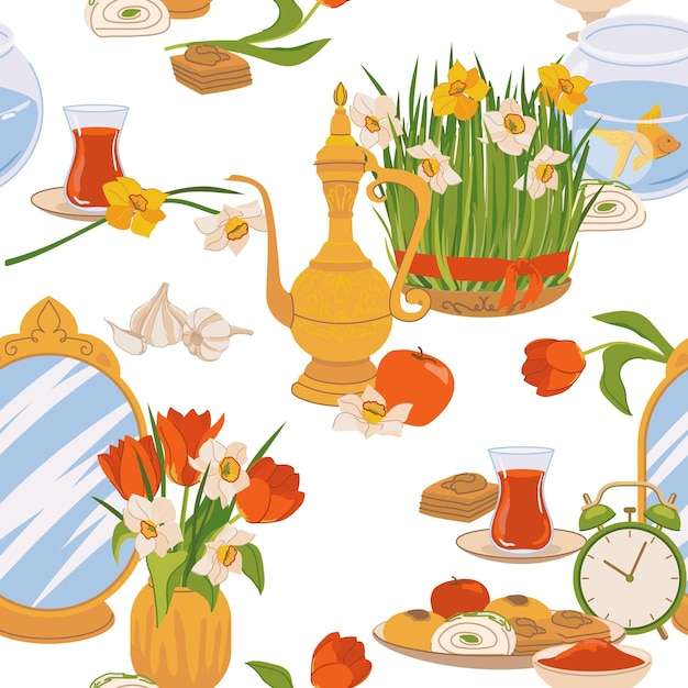 Patrón sin costuras para la festividad del equinoccio de primavera Novruz en Azerbaiyán e Irán Fondo con símbolos del Año Nuevo persa Espejo verde brotes de trigo peces dulces velas té frutas flores
