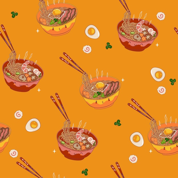 Patrón sin costuras con fideos ramen kawaii Gráficos vectoriales