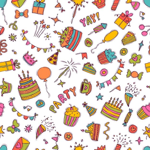 Patrón sin costuras de fiesta dibujado a mano Tema de cumpleaños Fondo de garabateo lindo Esbozo