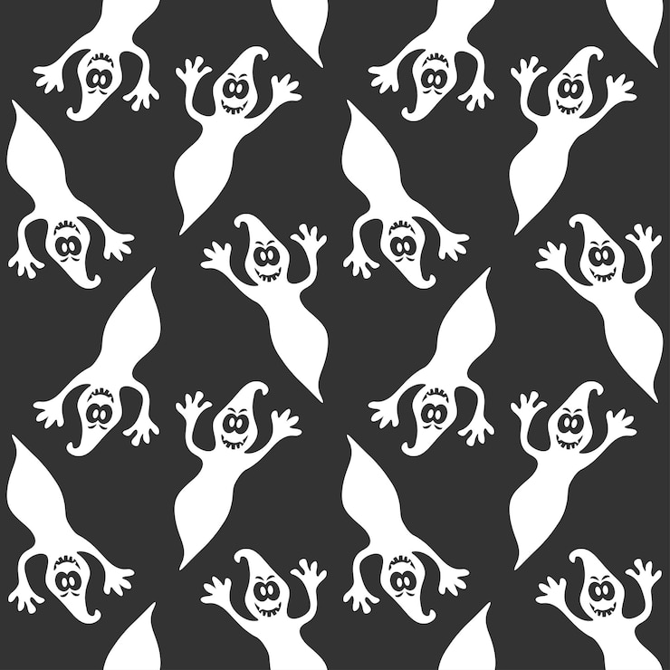 Vector patrón sin costuras con figuras de fantasmas lúdicos en un fondo negro perfecto para halloween
