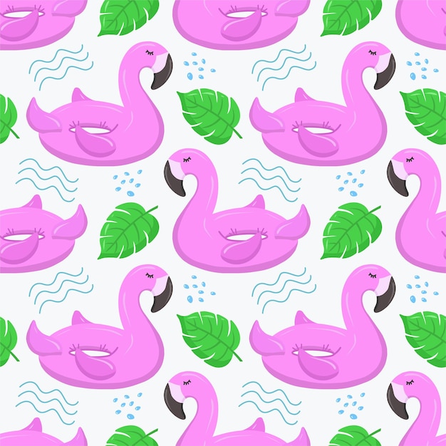 Patrón sin costuras con flamencos rosados y hojas de palma Un flotador para la piscinaFlamingo rosado inflable