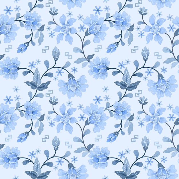 Patrón sin costuras de flor blanca y azul