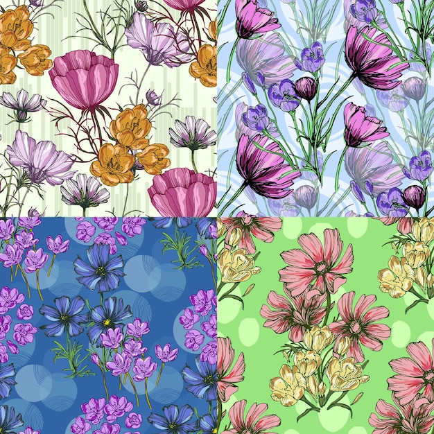 Patrón sin costuras con flor de cosmea y crocus Estilo de boceto de color fondo dibujado a mano Ilustración detallada dibujada a mano Ideal para embalajes de invitaciones de impresiones de telas y textiles