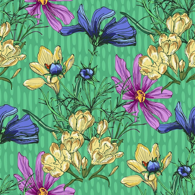 Patrón sin costuras con flor de cosmea y crocus Estilo de boceto de color fondo dibujado a mano Ilustración detallada dibujada a mano Ideal para embalajes de invitaciones de impresiones de telas y textiles