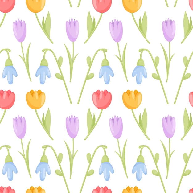 El patrón sin costuras de la flor de primavera en el diseño de fondo de estilo de dibujos animados con tulipanes y lirios del