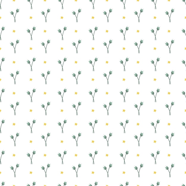 Patrón sin costuras de flora contemporánea verde con detalles amarillos en blanco