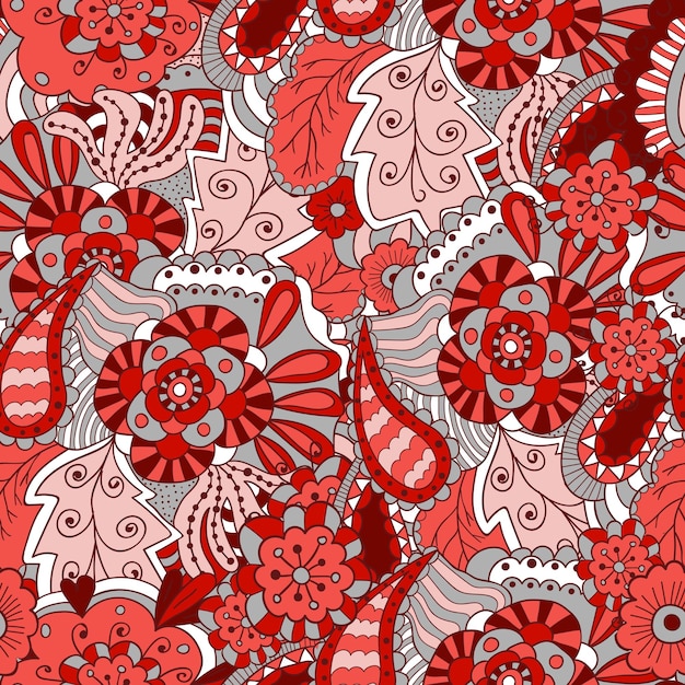 Patrón sin costuras floral abstracto en colores rojo y rosa Flores y hojas de Doodle fondo vectorial