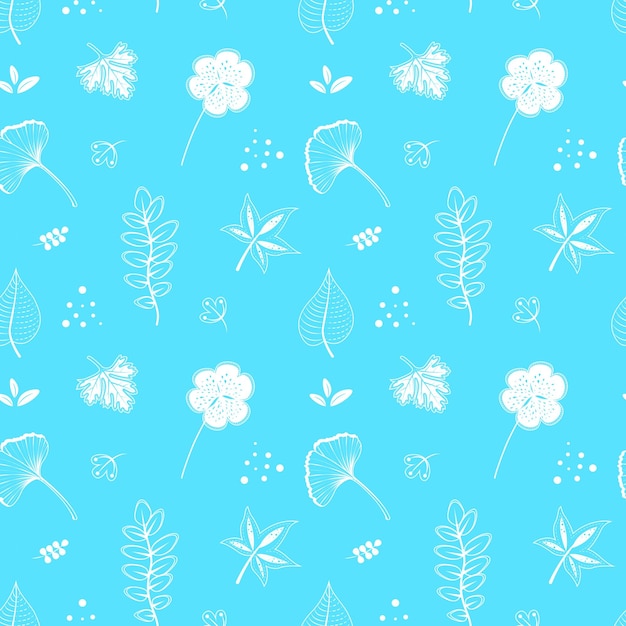 Patrón sin costuras con floral del bosque en estilo romántico_Fondo azul