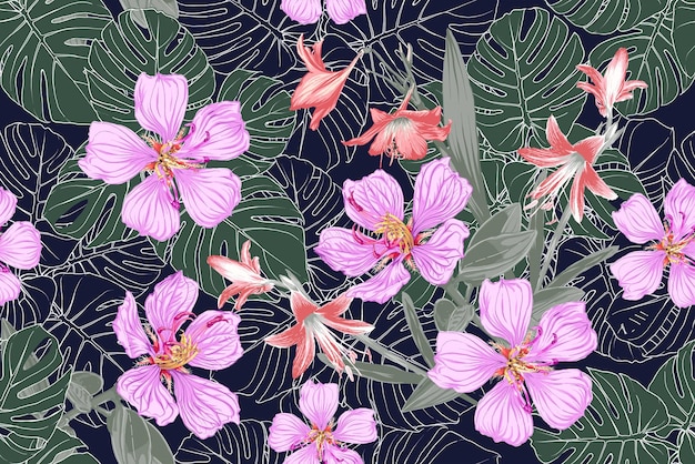 Patrón sin costuras floral con fondo de lirio y flores de color púrpura